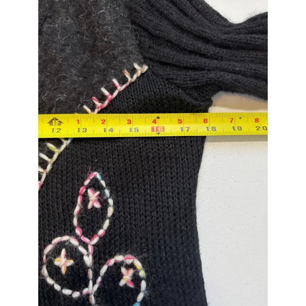Sioni Cardigan Sweater Womens Large Black Paisley Embroidered Boho Wool Knit - Picture 6 of 13